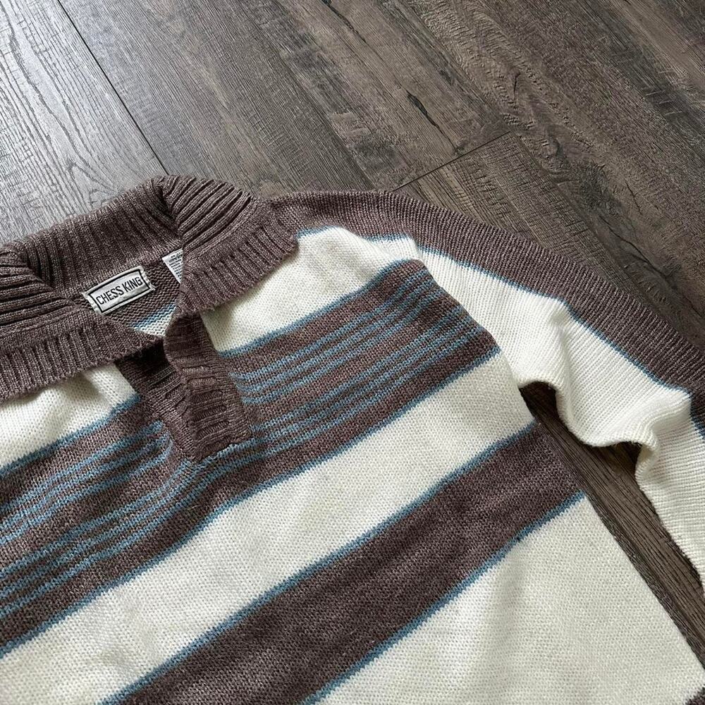 Vintage 70s Striped Collar Rugby Preppy Knit Sweater Longsleeve Pullover - Picture 6 of 7